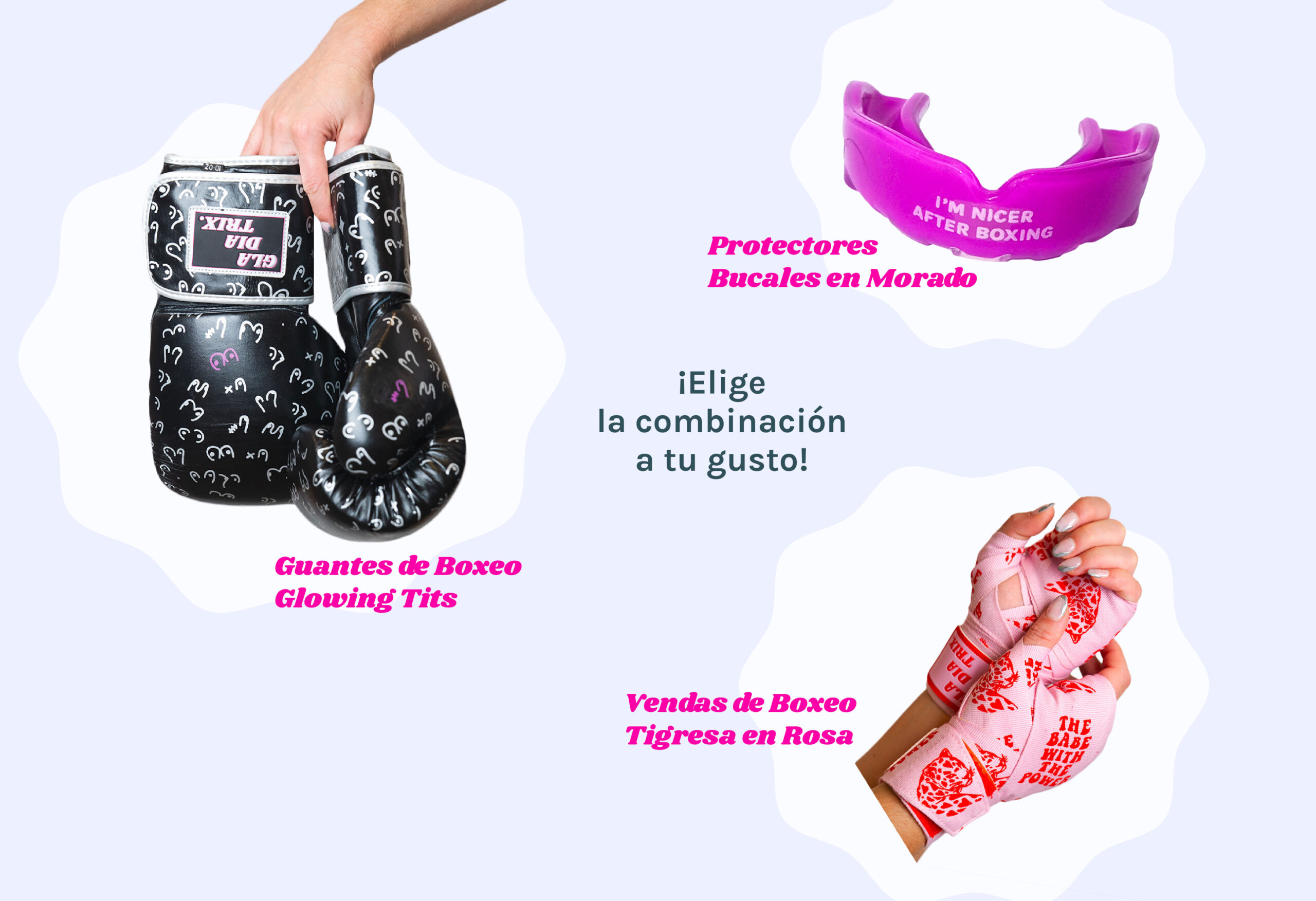 productos del Kit Clase de Boxeo- guantes de boxeo, vendas y protectores bucales