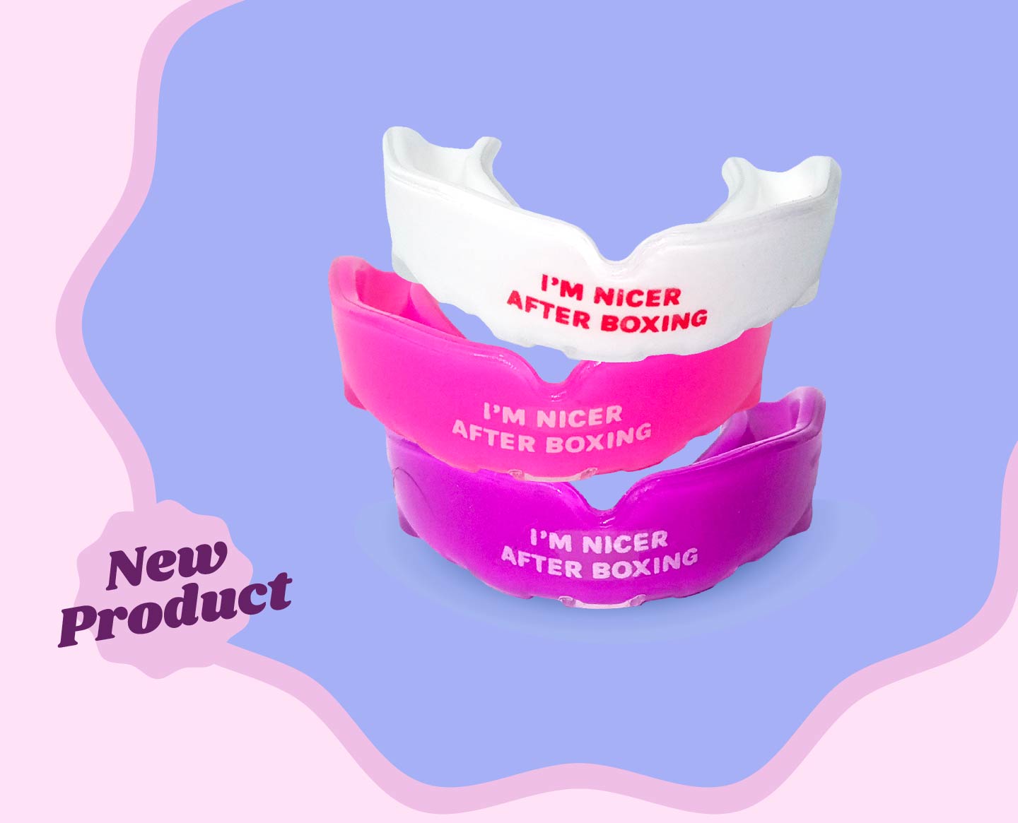 mouthguards in purple, pink and white